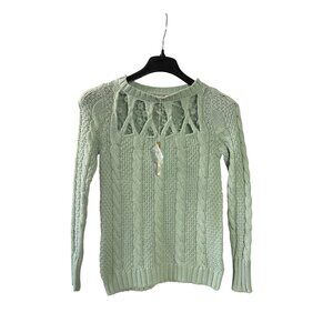 Lauren Conrad Womens Green Cable Knit Sweater M Lace Detail Acrylic Cotton Blend